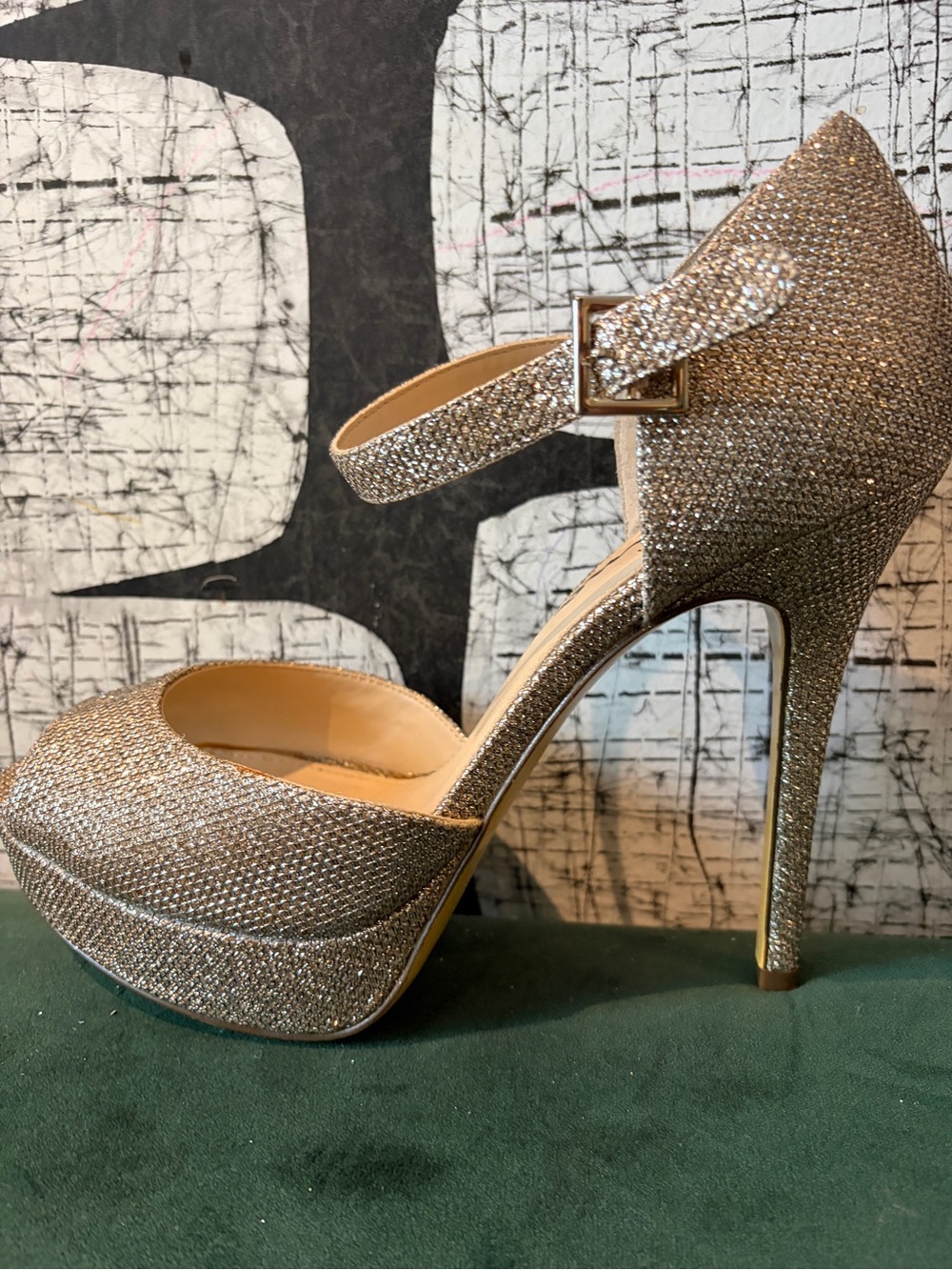 Touch of Nina Champagne Glitter Platform Ankle-Strap Stilettos